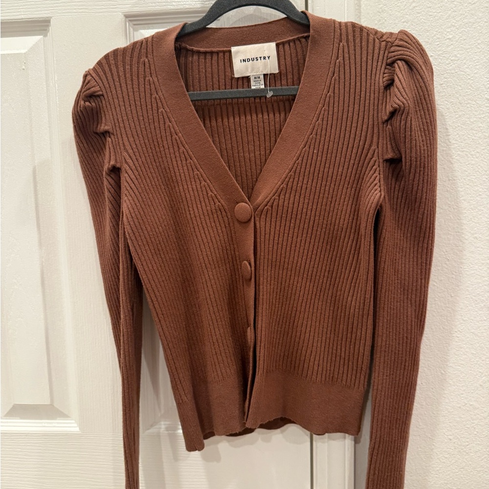 Industrie Clothing Brown Cardigan Sweater Ribbed Knit V-Neck